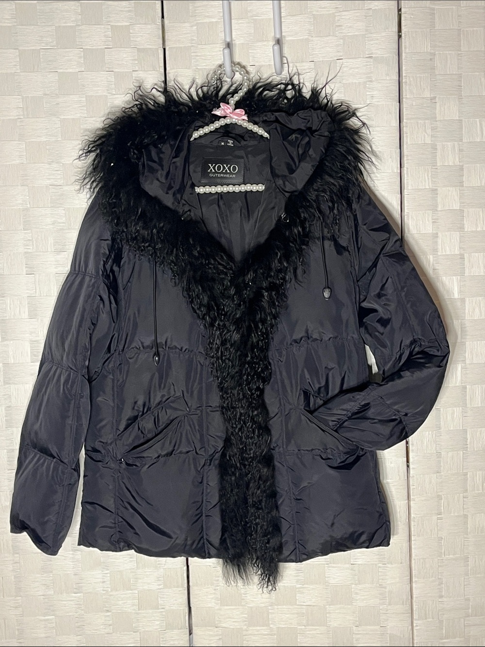 XOXO Black Faux-Fur Trim Hooded Puffer Coat